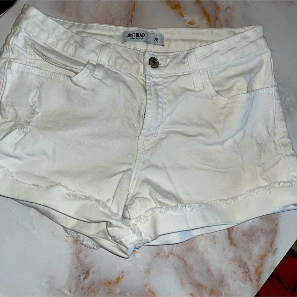 JUST BLACK white distressed jean shorts with rolled hem
